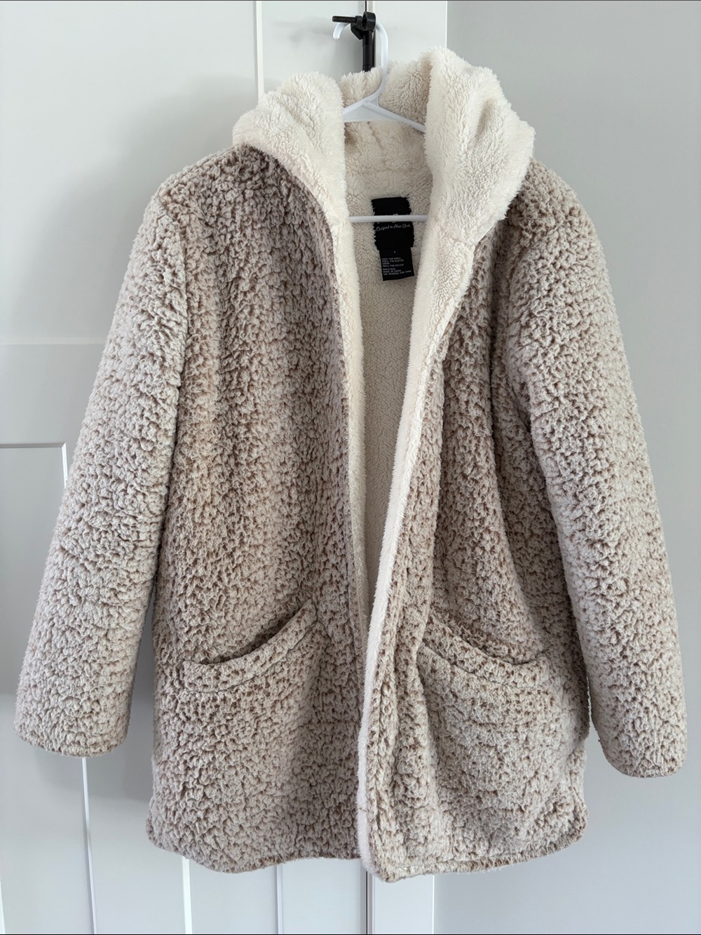 Me Jane Plush Teddy Coat in Light Beige with Cream Lining